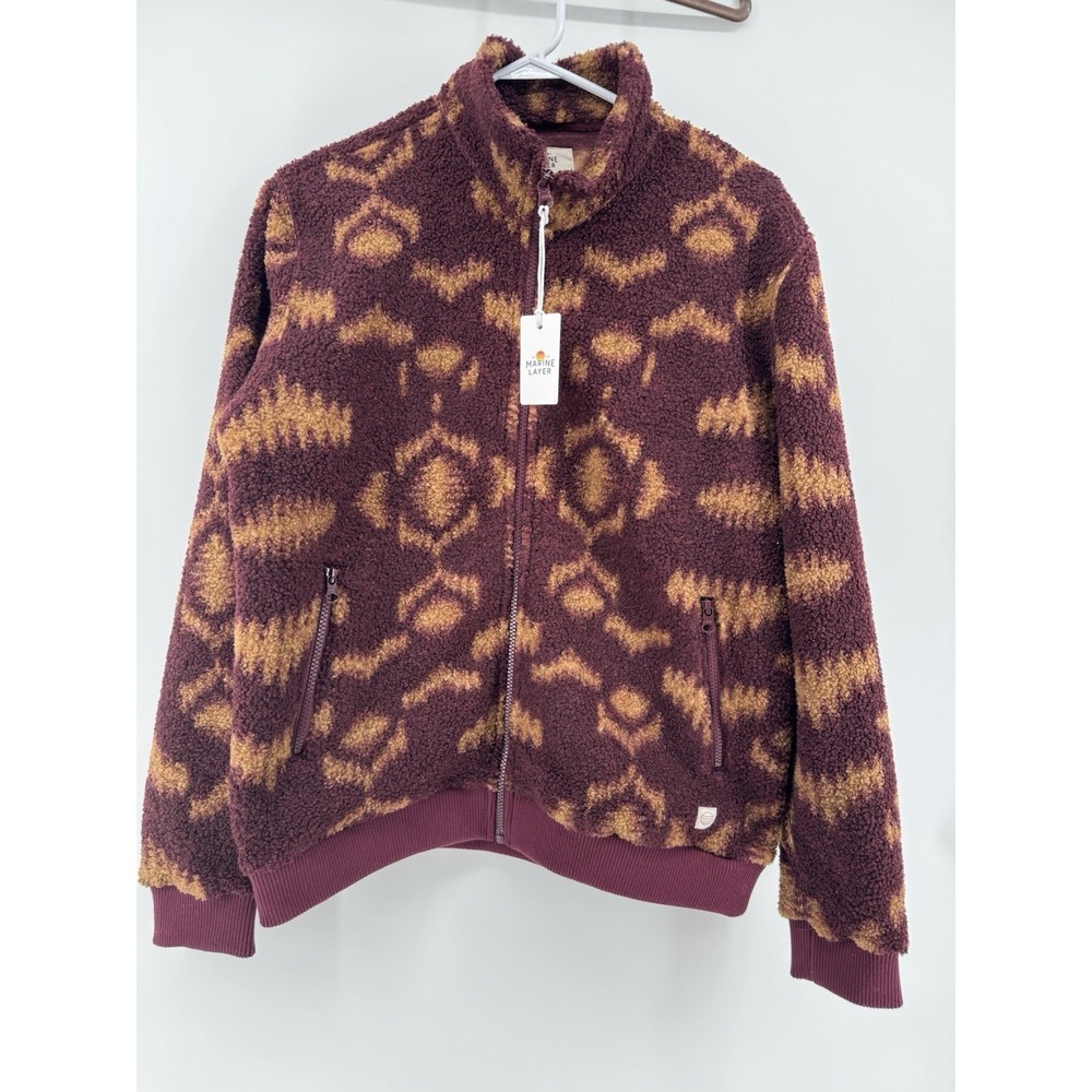 Marine Layer Mason Sherpa Full Zip Jacket Mens Small Burgundy Geo‎ Print NWT
